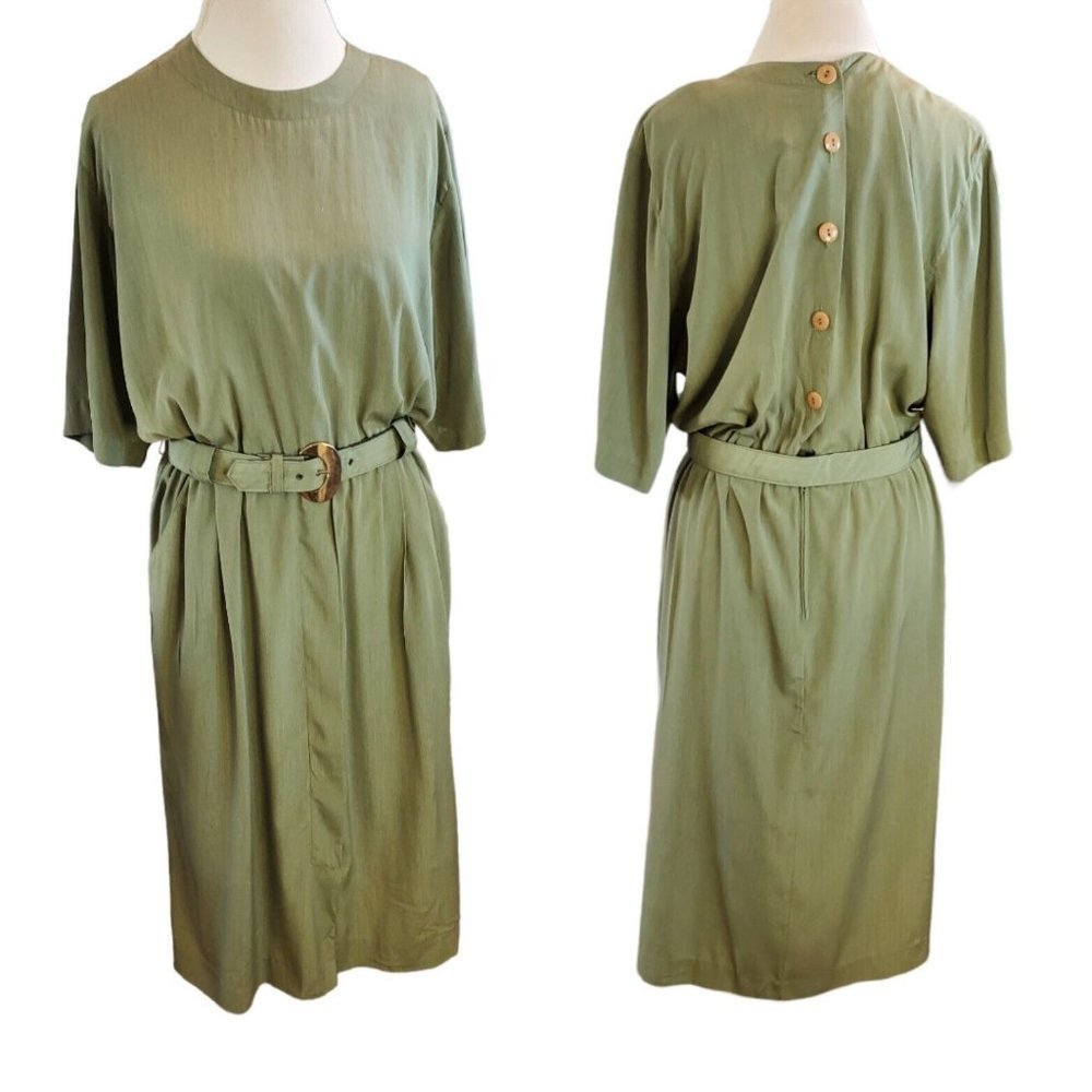 Vintage 80s Sage Green Belted Casual Midi Blouson Dress Pockets Secretary Office